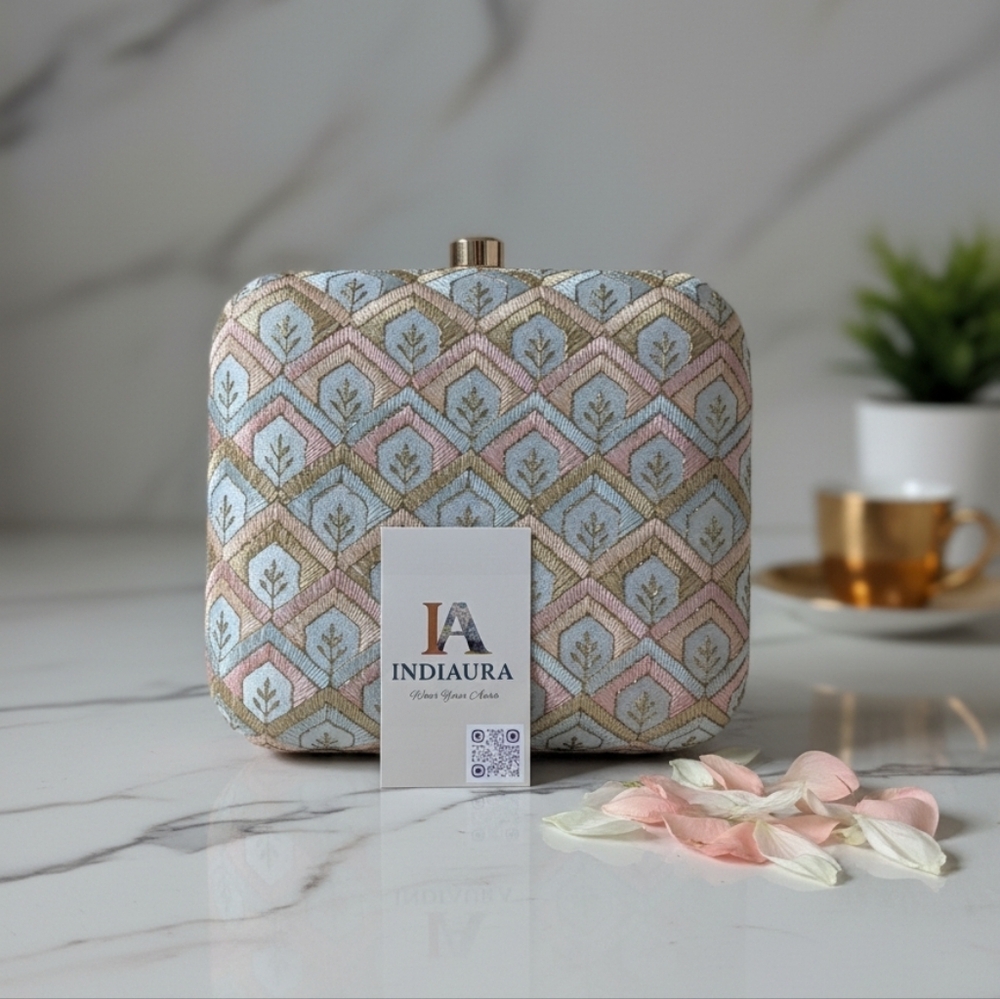 Handcrafted Women's Embroidered Box Clutch - Gold, Pink, and Blue